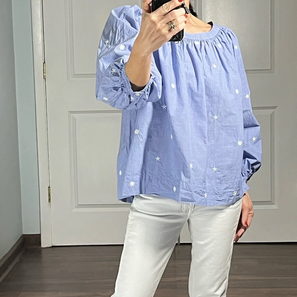 J. Crew The Perfect Embroidered Chambray Top Puff Sleeves blouse size M